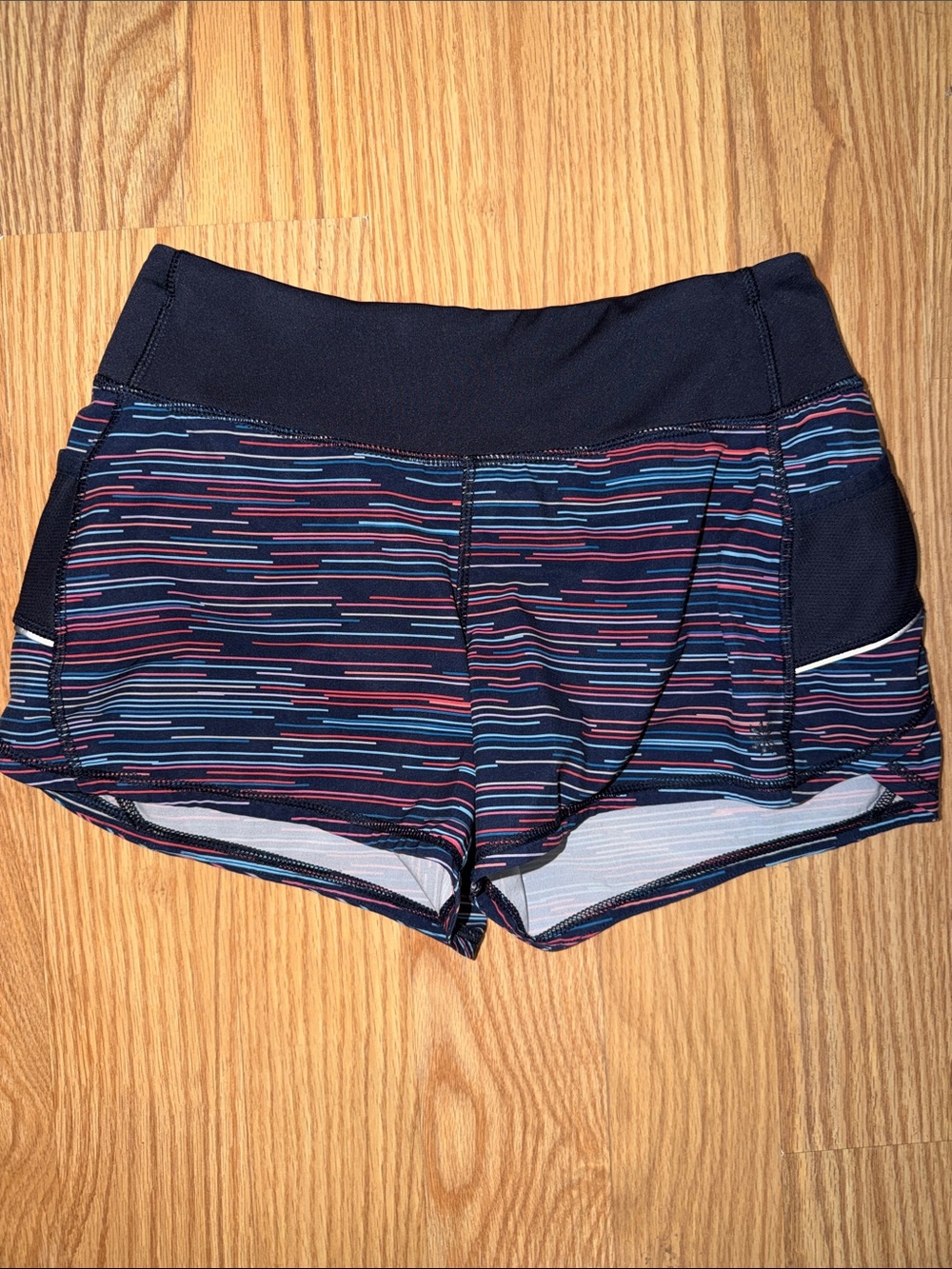 Athleta Navy Stripe Active Shorts with Pink and Light Blue Accents